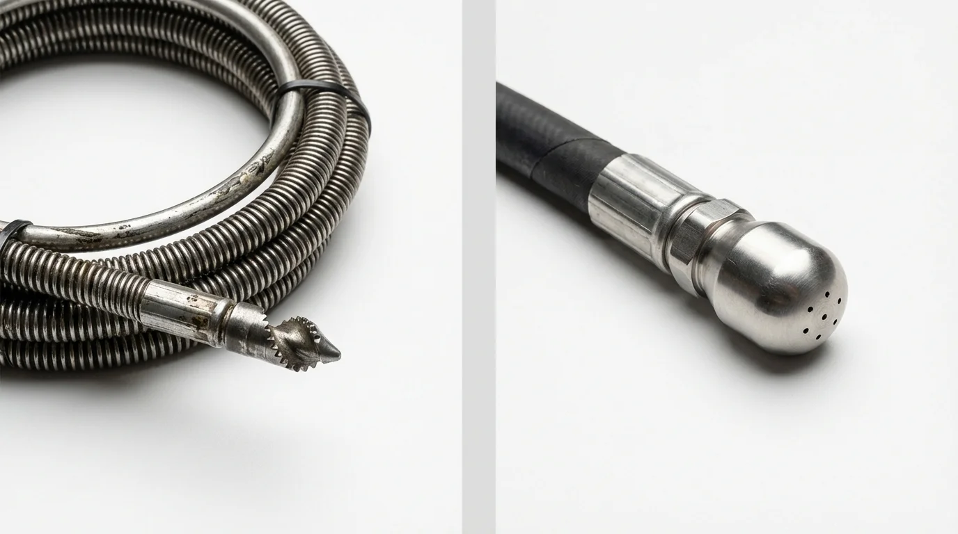 Drain snake cable and hydro jetting nozzle used for drain cleaning in Campbell, OH