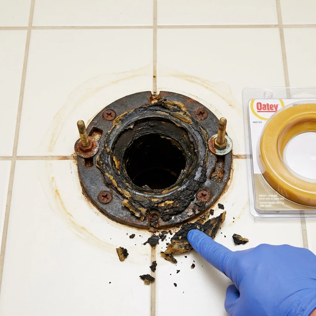 Failed wax ring showing water seepage at the base of a toilet in a Campbell, OH home